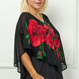 Cold Shoulder Tie Sleeve Poncho with V-neck Tank Blouse in Red -Plus