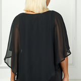 Cold Shoulder Tie Sleeve Poncho with V-neck Tank Blouse - Black - Plus