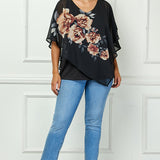 Cold Shoulder Tie Sleeve Poncho with V-neck Tank Blouse - Black - Plus