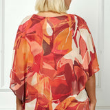 Cold Shoulder V-Neck Hanky Hem Poncho Top in Ivory/Marigold/Orange - Plus
