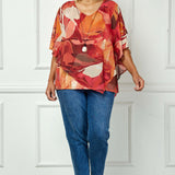 Cold Shoulder V-Neck Hanky Hem Poncho Top in Ivory/Marigold/Orange - Plus