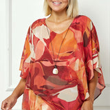 Cold Shoulder V-Neck Hanky Hem Poncho Top in Ivory/Marigold/Orange - Plus