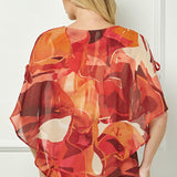 Cold Shoulder V-Neck Hanky Hem Poncho Top in Ivory/Marigold/Orange