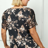 Short Tulip Sleeve Button Placket V-Neck Flyaway Front Mix Media Popover Blouse In Black/Taupe/Ivory - Plus
