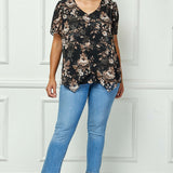 Short Tulip Sleeve Button Placket V-Neck Flyaway Front Mix Media Popover Blouse In Black/Taupe/Ivory - Plus