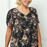 Short Tulip Sleeve Button Placket V-Neck Flyaway Front Mix Media Popover Blouse In Black/Taupe/Ivory - Plus