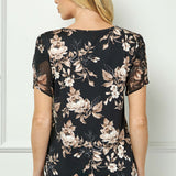Short Tulip Sleeve Button Placket V-Neck Flyaway Front Mix Media Popover Blouse In Black/Taupe/Ivory