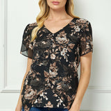 Short Tulip Sleeve Button Placket V-Neck Flyaway Front Mix Media Popover Blouse In Black/Taupe/Ivory