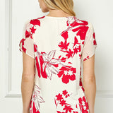 Tulip Sleeve V-Neck Layered Front Blouse in Red/Cream