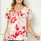 Tulip Sleeve V-Neck Layered Front Blouse in Red/Cream