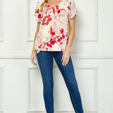 Tulip Sleeve V-Neck Layered Front Blouse in Red/Cream