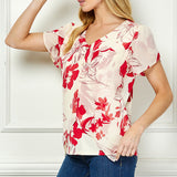 Tulip Sleeve V-Neck Layered Front Blouse in Red/Cream
