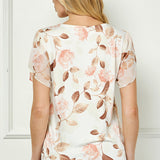 Tulip Sleeve V-Neck Layered Front Blouse in Cream/Brown