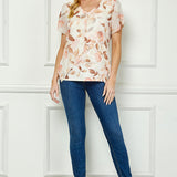 Tulip Sleeve V-Neck Layered Front Blouse in Cream/Brown