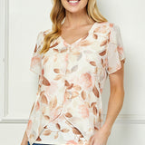 Tulip Sleeve V-Neck Layered Front Blouse in Cream/Brown