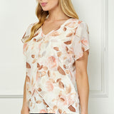 Tulip Sleeve V-Neck Layered Front Blouse in Cream/Brown