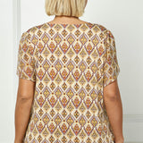 Tulip Sleeve Button-Front V-Neck Blouse in Cream/Olive/Rust - Plus