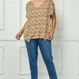 Tulip Sleeve Button-Front V-Neck Blouse in Cream/Olive/Rust - Plus