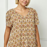 Tulip Sleeve Button-Front V-Neck Blouse in Cream/Olive/Rust - Plus