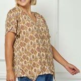 Tulip Sleeve Button-Front V-Neck Blouse in Cream/Olive/Rust - Plus