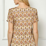 Tulip Sleeve Button-Front V-Neck Blouse in Cream/Olive/Rust