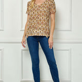 Tulip Sleeve Button-Front V-Neck Blouse in Cream/Olive/Rust