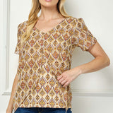 Tulip Sleeve Button-Front V-Neck Blouse in Cream/Olive/Rust