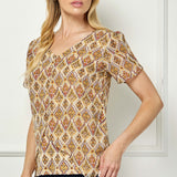 Tulip Sleeve Button-Front V-Neck Blouse in Cream/Olive/Rust