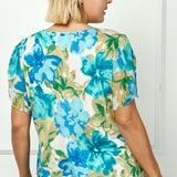 Tulip Sleeve V-Neck Layered Front Blouse in Tan/Jade/Blue - Plus