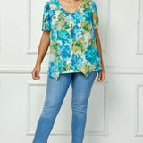 Tulip Sleeve V-Neck Layered Front Blouse in Tan/Jade/Blue - Plus