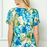 Tulip Sleeve V-Neck Layered Front Blouse in Tan/Jade/Blue