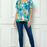 Tulip Sleeve V-Neck Layered Front Blouse in Tan/Jade/Blue