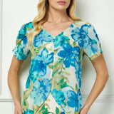 Tulip Sleeve V-Neck Layered Front Blouse in Tan/Jade/Blue
