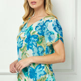 Tulip Sleeve V-Neck Layered Front Blouse in Tan/Jade/Blue