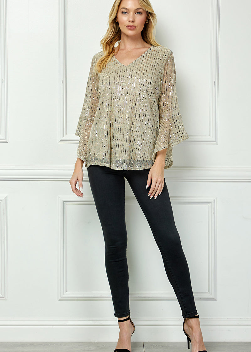 dress barn sequin tops Dress Barn Blue Paisley Flare Sleeve XL Top Sequin Bead Embellishments