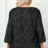3/4 Puff Sleeve V-Neck Bubble Blouse in Black - Plus