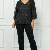 3/4 Puff Sleeve V-Neck Bubble Blouse in Black - Plus