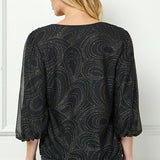 3/4 Puff Sleeve V-Neck Bubble Blouse in Black