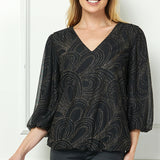 3/4 Puff Sleeve V-Neck Bubble Blouse in Black