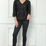 3/4 Puff Sleeve V-Neck Bubble Blouse in Black