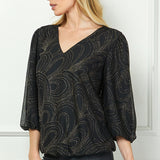 3/4 Puff Sleeve V-Neck Bubble Blouse in Black