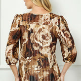 3/4 Elastic Cuff Sleeve Cutout Removable Trim Front Neck Lined Blouse in Tan/Brown/Ivory