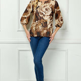 3/4 Elastic Cuff Sleeve Cutout Removable Trim Front Neck Lined Blouse in Tan/Brown/Ivory