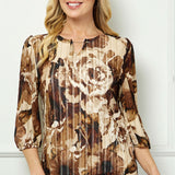 3/4 Elastic Cuff Sleeve Cutout Removable Trim Front Neck Lined Blouse in Tan/Brown/Ivory