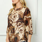3/4 Elastic Cuff Sleeve Cutout Removable Trim Front Neck Lined Blouse in Tan/Brown/Ivory