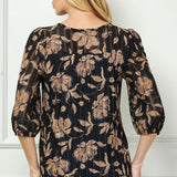 3/4 Elastic Cuff Sleeve Cutout Removable Trim Front Neck Lined Blouse in Black/Tan/Ivory
