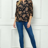 3/4 Elastic Cuff Sleeve Cutout Removable Trim Front Neck Lined Blouse in Black/Tan/Ivory