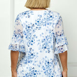 Double Ruffle Sleeve Cutout Neck Blouse in Ivory/Denim - Plus