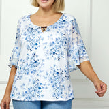 Double Ruffle Sleeve Cutout Neck Blouse in Ivory/Denim - Plus