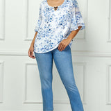 Double Ruffle Sleeve Cutout Neck Blouse in Ivory/Denim - Plus
